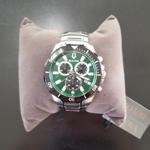 BULOVA MENS GREEN BEZEL MARINE STAR CHRONOGRAPH SILVER 45MM WATCH - Picture 6 of 6